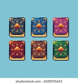 Pixel art sets icon of spell book of sun logo variation color.Magic book icon on pixelated style. 8bits Illustration, perfect for design asset element your game ui. Simple pixel art icon asset.