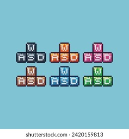 La imagen de píxeles establece un icono de color de variación de teclado. Icono de clave principal en estilo pixelado. 8 bits perfectos para activos de juego o elementos de activos de diseño para su diseño de juego. Elemento de icono de píxel simple.