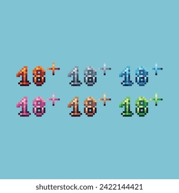 Pixel art sets icons of 18 plus sign variations in color.Age 18+ icon in pixelated style. 8-bit Illustration,for design asset elements, game UIs, and mobile apps icon collection.