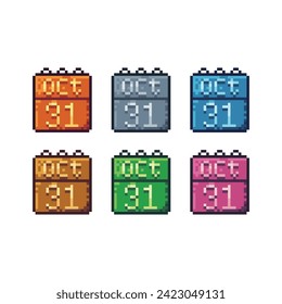 Pixel art sets icons of 31 october calendar sign variations in color.calendar icon in pixelated style. 8-bit Illustration,for design asset elements, game UIs, and mobile apps,vector icon collection.