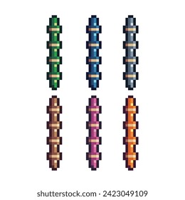 Pixel art sets icons of bamboo chinese sign variations in color.Bamboo icon in pixelated style. 8-bit Illustration,for design asset elements, game UIs, and mobile apps,vector icon collection.