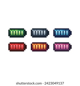 Pixel art sets icons of battery power sign variations in color.Battery icon in pixelated style. 8-bit Illustration,for design asset elements, game UIs, and mobile apps,vector icon collection.