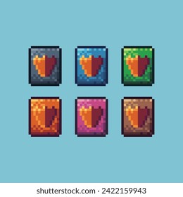 Pixel art sets icons of book of shield sign variations in color.Shield book icon in pixelated style. 8-bit Illustration,for design asset elements, game UIs, and mobile apps icon collection.