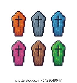 Pixel art sets icons of Coffin sign variations in color.Coffin dead icon in pixelated style. 8-bit Illustration,for design asset elements, game UIs, and mobile apps,vector icon collection.