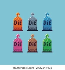 Pixel art sets icons of grave rip sign variations in color.Halloween grave icon in pixelated style. 8-bit Illustration,for design asset elements, game UIs, and mobile apps icon collection.