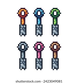Pixel art sets icons of hanging paper sign variations in color.Hang paper icon in pixelated style. 8-bit Illustration,for design asset elements, game UIs, and mobile apps,vector icon collection.
