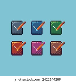 Pixel art sets icons of paperwork pen logo variations in color. Paperwork icon in pixelated style. 8-bit Illustration,for design asset elements, game UIs, and mobile apps icon collection.