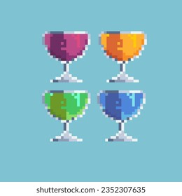 Pixel art sets of juice water in glass on pixelated style.red,yellow,green,and blue water,8bits perfect for game asset or design asset element for your game design asset.