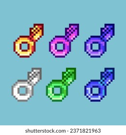 Pixel art sets of key with variation color item asset. Simple bits of gold key on pixelated style. 8bits perfect for game asset or design asset element for your game design asset