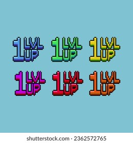Pixel art sets of level up sign with variation color items asset. simple bits of level up on pixelated style.8bits perfect for game asset or design asset element for your game design asset