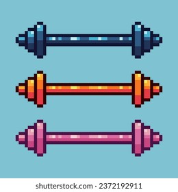 Pixel art sets of long barbell sport with variation color item asset. Simple bits of barbell gym on pixelated style. 8bits perfect for game asset or design asset element for your game design asset.