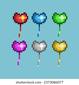 Pixel art sets of love balloon with variation color item asset. Simple bits of love balloon on pixelated style. 8bits perfect for game asset or design asset element for your game design asset.