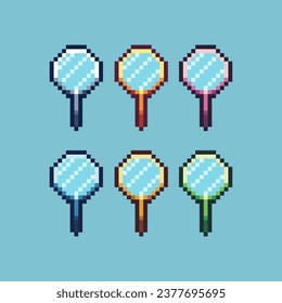 Pixel art sets of magnifying glass with variation color item asset. Simple bits of magnifying glass pixelated style. 8bits perfect for game asset or design asset element for your game design asset.