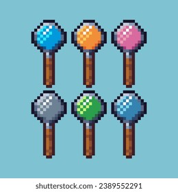 Pixel art sets of magnifying glass with variation color item asset. Magnifying glass on pixelated style. 8bits perfect for game asset or design asset element for your game design asset