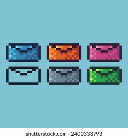Conjuntos de arte de píxeles de un icono de correo con un activo de elemento de color de variación.Icono de correo en estilo pixelado. 8 bits perfectos para activos de juego o elementos de activos de diseño para su activo de diseño de juegos