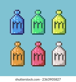 Pixel art sets of milk in bottle with variation color item asset. simple bits of milk drink on pixelated style 8bits perfect for game asset or design asset element for your game design asset
