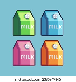 Pixel art sets of milk with variation color item asset. Simple bits of milk box pixelated style. 8bits perfect for game asset or design asset element for your game design asset.