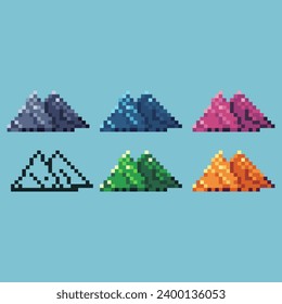 Pixel art sets of mountains icon with variation color item asset. Mountains icon on pixelated style. 8bits perfect for game asset or design asset element for your game design asset