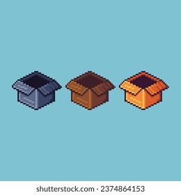 Pixel art sets of open box with variation color item asset. Simple bits of opened box on pixelated style. 8bits perfect for game asset or design asset element for your game design asset.