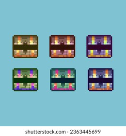 Pixel art sets of open chest with variation color item asset. simple bits of iopen chest rpg game on pixelated style 8bits perfect for game asset or design asset element for your game design asset