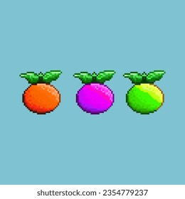 Pixel art sets of orange fruit items asset. orange,purple,and green round fresh fruit on pixelated style.8bits perfect for game asset or design asset element for your game design asset.