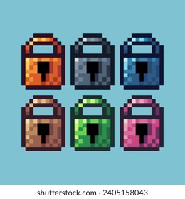 Pixel art sets of padlock icon with variation color item asset. padlock icon on pixelated style. 8bits perfect for game asset or design asset element for your game design asset