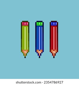 Pixel art sets of pencil for draw or write items asset. green,blue,and red pencil on pixelated style.8bits perfect for game asset or design asset element for your game design asset.