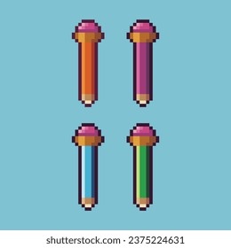 Pixel art sets of pencil with variation color item asset. Simple bits of pencil on pixelated style. 8bits perfect for game asset or design asset element for your game design asset.
