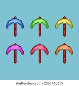 Pixel art sets of pickaxe for digging game with variation color item asset. simple bits of pickaxe on pixelated style 8bits perfect for game asset or design asset element for your game design asset
