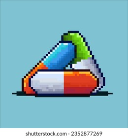 Pixelkunstsätze für Medikamentenartikel. blaue orange, weiße orange und grüne weiße Pille auf pixeliertem Stil.Pixel art,8bits perfekt für das Spiel Objekt- oder Design-Objekt für Ihr Spieldesign-Objekt.