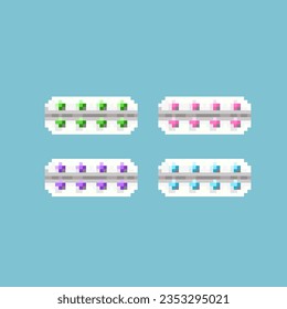 Pixel art sets of pill tablets for medicine health items.green, pink, purple,and blue pill on pixelated style.8bits perfect for game asset or design asset element for your game design asset.