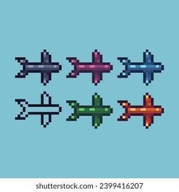 Pixel art sets of plane icon with variation color item asset. Plane icon on pixelated style. 8bits perfect for game asset or design asset element for your game design asset