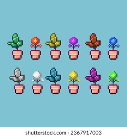 Conjuntos de arte de píxeles de una planta en una olla con variación color material activo simple bits de la planta de decoración del hogar en estilo pixelado 8bits perfecto para activos de juego o elemento de diseño de activos para su activo de diseño de juegos