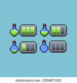 Pixel art sets of poison potion bar fill with variation color items asset. green potion bar on pixelated style.8bits perfect for game asset or design asset element for your game design asset.