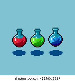 Pixel art sets of poison,health,and mana potion halloween with variation color items asset on pixelated style.8bits perfect for game asset or design asset element for your game design asset.