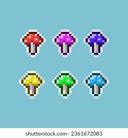 Pixel art sets of poisonus mushroom with variation color items asset. simple bits of mushroom plant on pixelated style.8bits perfect for game asset or design asset element for your game design asset