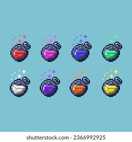 Pixel art sets of potion medicine with variation color item asset simple bits of health potion on pixelated style 8bits perfect for game asset or design asset element for your game design asset
