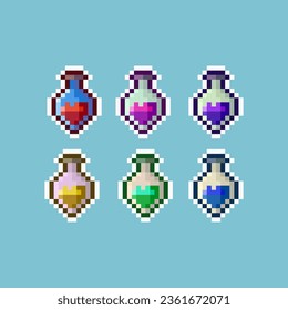 Pixel art sets of potion with variation fungsional items asset. simple bits of health potion glass on pixelated style.8bits perfect for game asset or design asset element for your game design asset