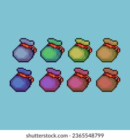 Pixel art sets of pouch for item save with variation color item asset simple bits of inventory pouch on pixelated style 8bits perfect for game asset or design asset element for your game design asset