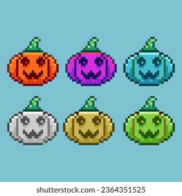 Pixel art sets of pumkin face with variation color item asset. simple bits of halloween pumkin scary on pixelated style 8bits perfect for game asset or design asset element for your game design asset