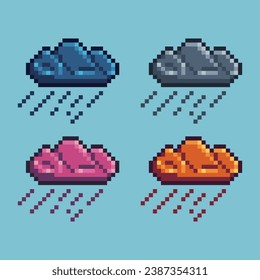  Pixel art sets of raining cloud icon with variation color item asset.rain cloud on pixelated style. 8bits perfect for game asset or design asset element for your game design asset