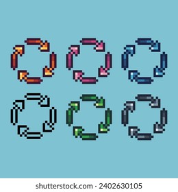 Pixel art sets of recycle icon with variation color item asset. Recycle icon on pixelated style. 8bits perfect for game asset or design asset element for your game design asset
