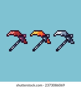 Pixel art sets of red,gold,silver sickle with variation color item asset. Simple bits of sickle on pixelated style. 8bits perfect for game asset or design asset element for your game design asset.