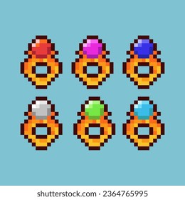 Pixel art sets of ring rpg item loot with variation color item asset. simple bits of rings accessory on pixelated style 8bits perfect for game asset or design asset element for your game design asset