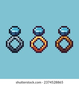 Pixel art sets of rings with blue gems with variation color item asset. Simple bits of rings on pixelated style. 8bits perfect for game asset or design asset element for your game design asset.