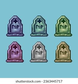 Pixel art sets of rip grave halloween with variation color item asset. simple bits of grave on pixelated style 8bits perfect for game asset or design asset element for your game design asset