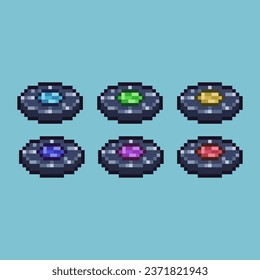 Pixel art sets of round cassette disc with variation color item asset. Simple bits of cassette disc on pixelated style. 8bits perfect for game asset or design asset element for your game design asset