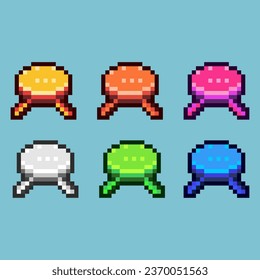 Pixel art sets of round small table with variation color item asset. Simple bits of table decoration on pixelated style. 8bits perfect for game asset or design asset element for your game design asset
