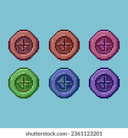 Pixel art sets of shield defense with variation color items asset. simple shield for dugeon items on pixelated style.8bits perfect for game asset or design asset element for your game design asset