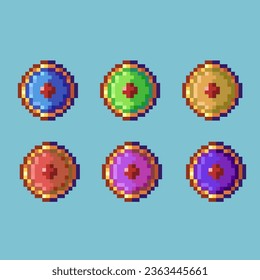 Pixel art sets of shield for defense with variation color item asset. simple bits of shield rpg game on pixelated style 8bits perfect for game asset or design asset element for your game design asset